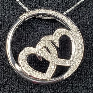 Diamond Double Heart "Love"Pendant Silver Necklace